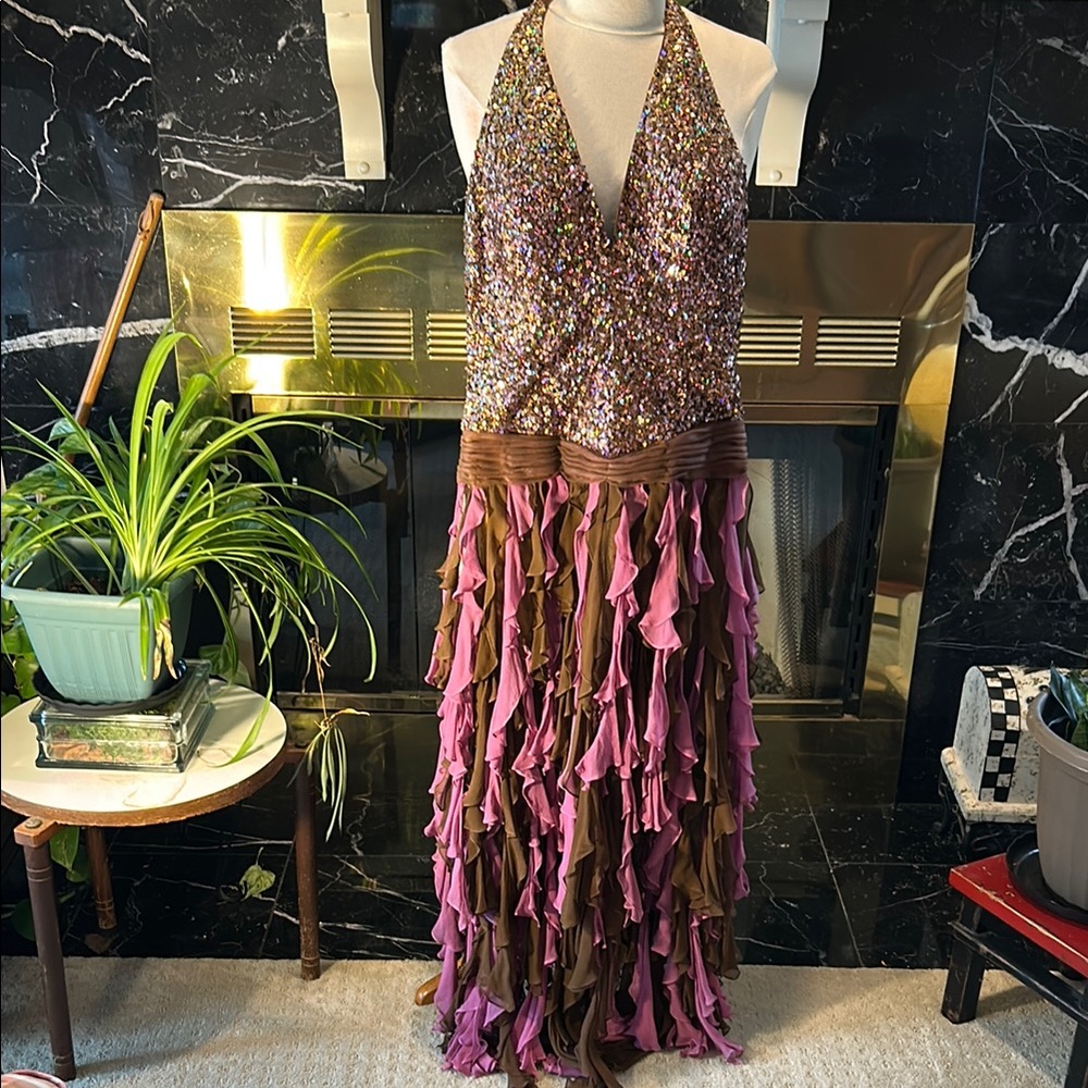 Jovani brown and Pink Embellished Tiered Cocktail Gown